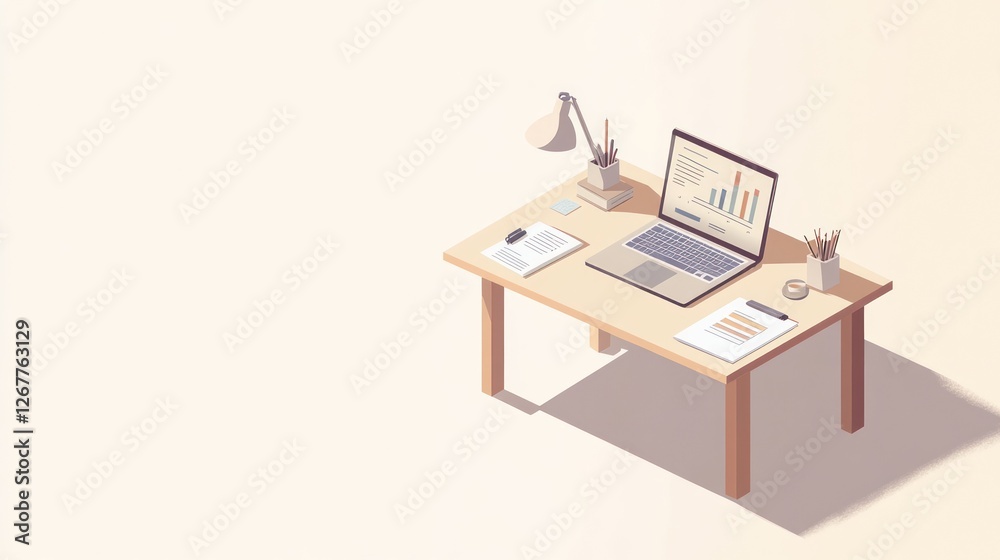 Isometric desk with laptop, documents, and supplies. Possible use for work from home or office productivity presentations Isometric desk with laptop, documents, and supplies. Possible use for work from home or office productivity presentations
