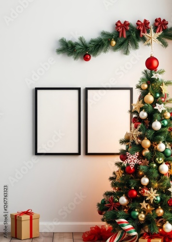 Two mock up poster frames on the wall next to a beatifully decorated christmas tree with various ornaments wall art mockup interior wall frame mockup art home empty modern decoration poster photo