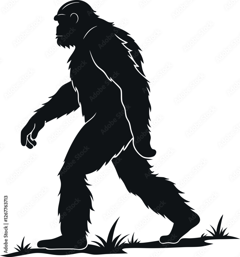 Fototapeta premium Minimalistic black silhouette of a Bigfoot standing in a mysterious pose, legendary Sasquatch creature vector illustration, cryptid icon, mythical forest monster, wildlife mystery, graphic design art