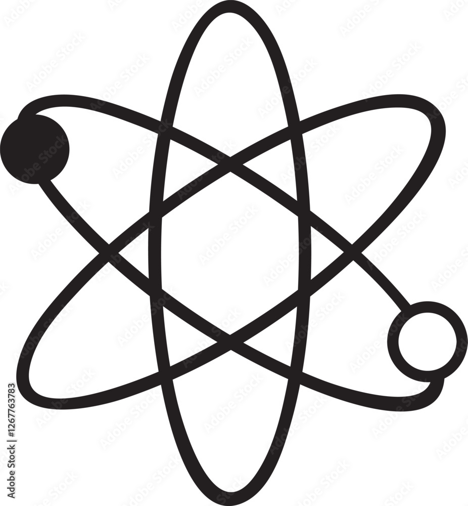 Atom revolving around nucleus with electrons orbiting in simple black and white science symbol representing physics, chemistry, and scientific research Atom revolving around nucleus with electrons orbiting in simple black and white science symbol representing physics, chemistry, and scientific research