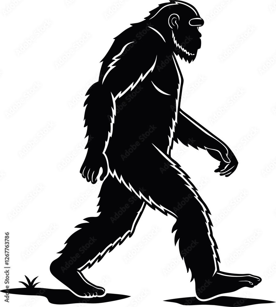 Fototapeta premium Minimalistic black silhouette of a Bigfoot standing in a mysterious pose, legendary Sasquatch creature vector illustration, cryptid icon, mythical forest monster, wildlife mystery, graphic design art