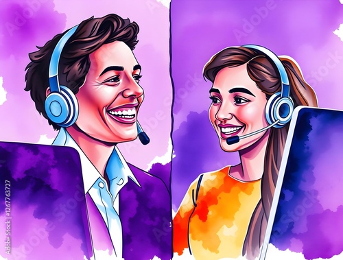 A split-screen watercolor collage in deep ultraviolet hues depicts a diverse call center representative smiling and interacting with global customers. The artwork uses vivid purples, high contrast.. photo