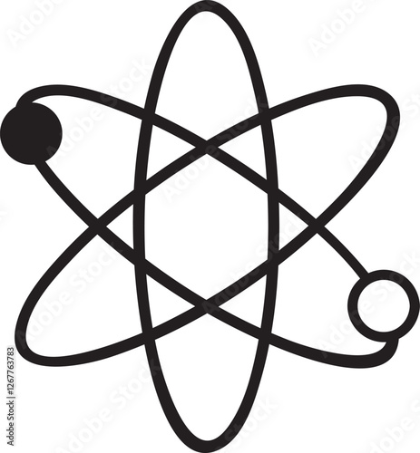 Atom revolving around nucleus with electrons orbiting in simple black and white science symbol representing physics, chemistry, and scientific research
