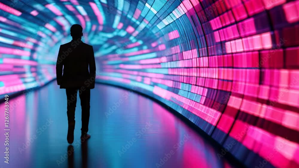 A silhouette of an individual walking through a vibrant neon tunnel filled with lights that inspire wonder A silhouette of an individual walking through a vibrant neon tunnel filled with lights that inspire wonder