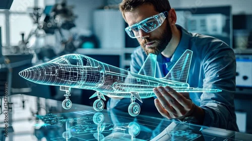 Engineer Designing Futuristic Aircraft Model with Advanced Technology