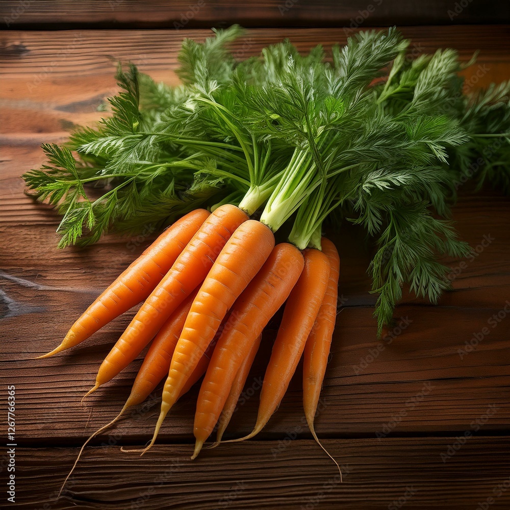 A bunch of fresh, vibrant orange carrots with green leafy tops, placed on a rustic wooden surface, highlighting their natural texture and farm-fresh quality A bunch of fresh, vibrant orange carrots with green leafy tops, placed on a rustic wooden surface, highlighting their natural texture and farm-fresh quality