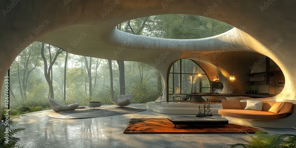 Obraz premium Innovative blending nature and living systems forest retreat interior tranquil setting contemporary
