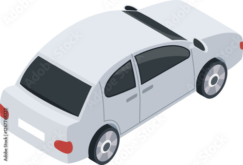White generic sedan car parked in isometric view, illustrating concepts of the automotive industry, transportation, and modern mobility in an urban setting
