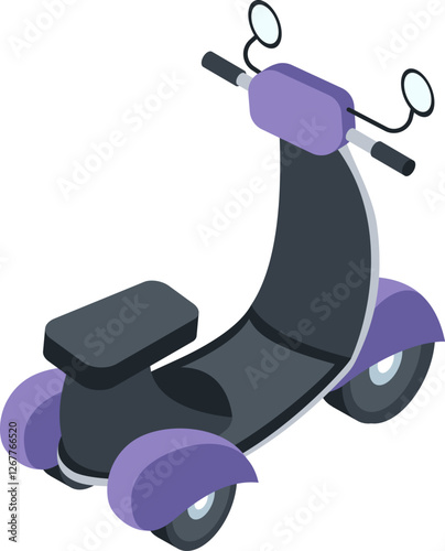 Modern three wheeled electric scooter standing still, isometric view isolated on white background representing sustainable urban mobility and innovative personal transportation solutions