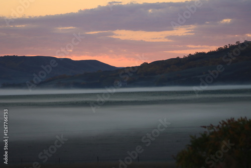 Saskatchewan Scenery, Sunrise in Fog, Barn