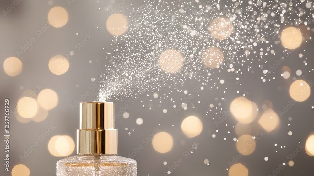 Elegant Macro Shot of Perfume Atomizer with Delicate Spray and Glittering Bokeh Background for Luxury Imagery Elegant Macro Shot of Perfume Atomizer with Delicate Spray and Glittering Bokeh Background for Luxury Imagery