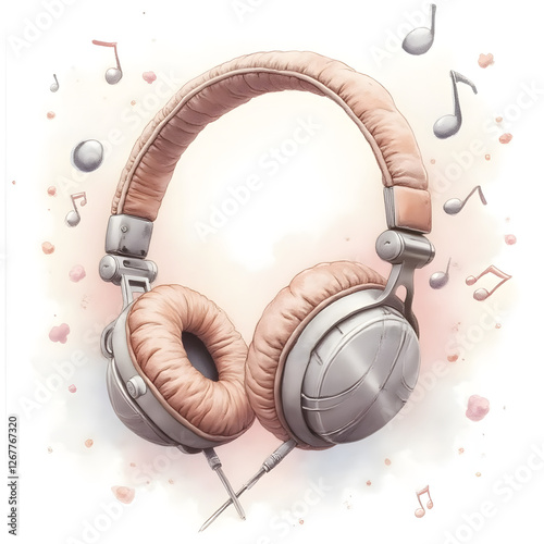 Watercolor painting of cozy headphones surrounded by soft floating music notes, dreamy pastel colors and artistic atmosphere