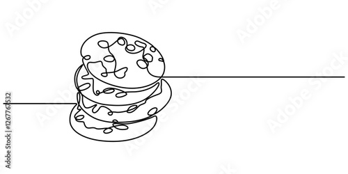 Continuous one line drawing of chip cookies. Dessert concept. Single line draw design vector graphic illustration, One continuous line illustration of chocolate chip cookies, isolated on white back.