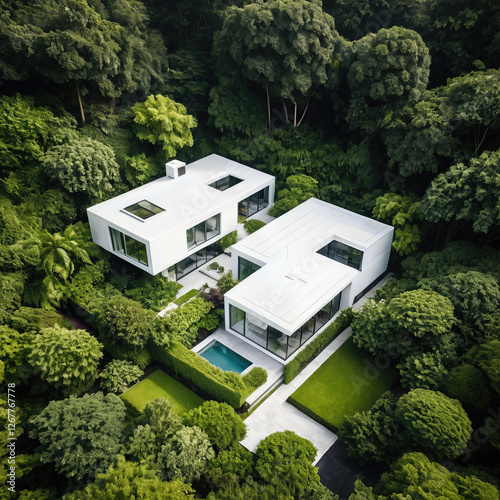 modern white house nestles comfortably within lush green foliage, evoking sense of calm tranquility and natural beauty