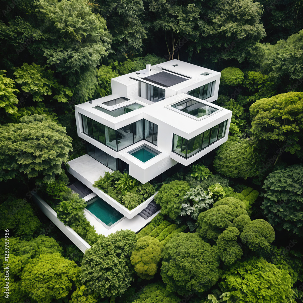 Modern white house nestled in lush green forest, showcasing nature and sleek design, reflecting serenity and luxurious living Modern white house nestled in lush green forest, showcasing nature and sleek design, reflecting serenity and luxurious living