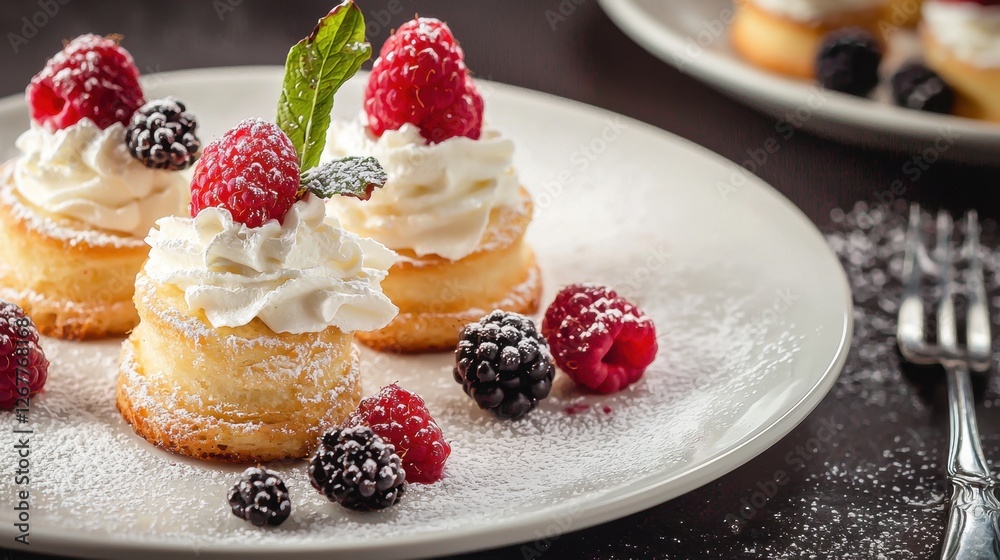 Elegant Berry Pastry Dessert: Creamy Confectionery with Raspberry & Blackberry Garnish - Food Photography for Gourmet Summer Celebration