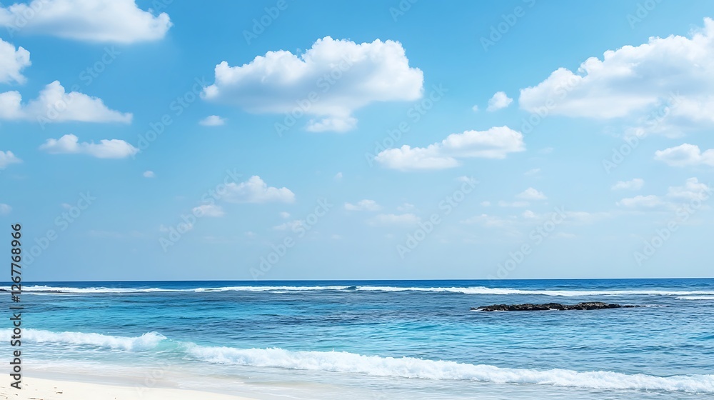 Serene Tropical Beach Scene With Blue Ocean And Sky Serene Tropical Beach Scene With Blue Ocean And Sky