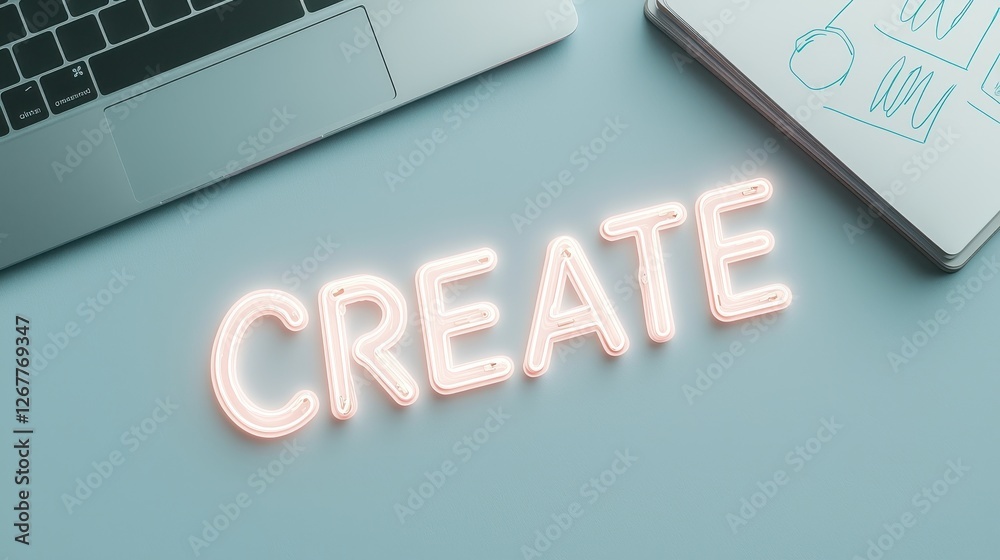 Stylish Neon Sign Spelling CREATE Next to a Sleek Laptop on a Light Background Stylish Neon Sign Spelling CREATE Next to a Sleek Laptop on a Light Background