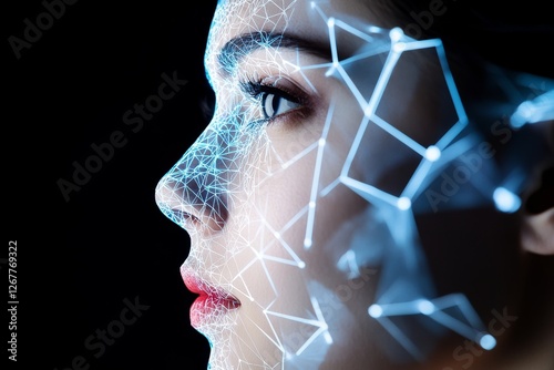 Face Recognition Technology - Close-up profile of a woman's face with a futuristic overlay, showcasing advanced facial recognition technology