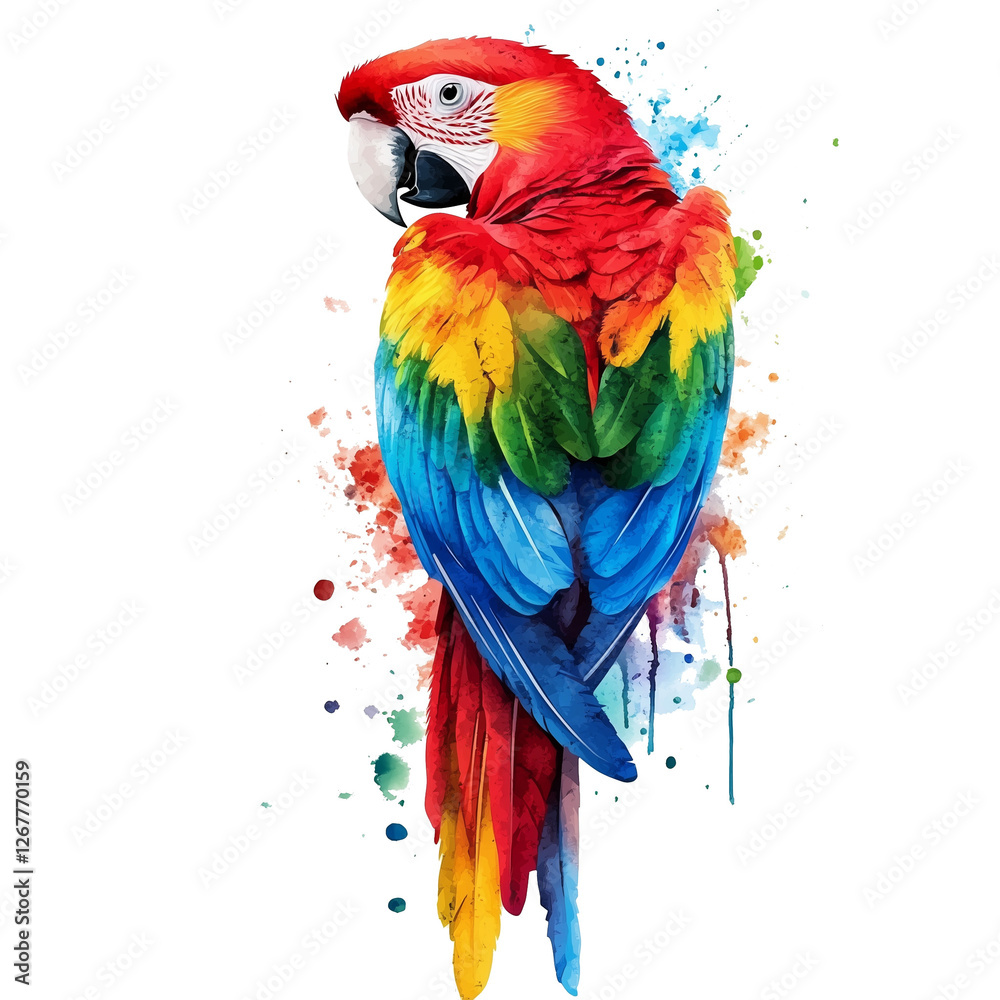 Obraz premium Tropical Exotic Bird – Bright Red, Blue, and Yellow Macaw Illustration 