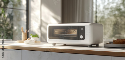 A sleek modern toaster oven featuring an LED display enhances the kitchen's contemporary design, basking in natural light from a nearby window