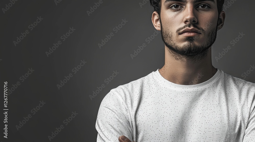 Fototapeta premium A young man with a serious expression poses against a dark background.