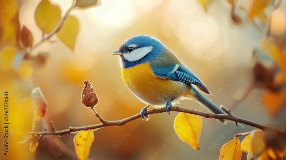 A Vibrant Blue Tit Perched on an Autumn Branch A Vibrant Blue Tit Perched on an Autumn Branch
