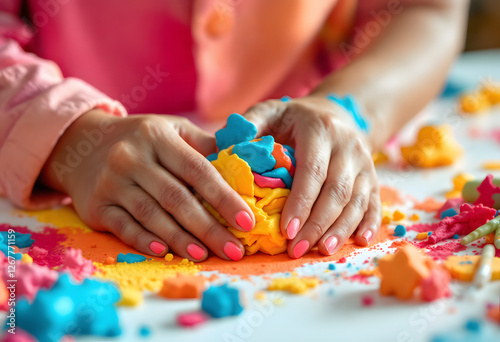 Colorful Play Dough with Pink Manicured Hands - Creative Arts and Crafts