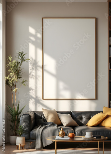 Modern Living Room with Leather Sofa and Window Light - Interior Mockup