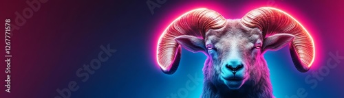 Aries ram s horns glowing with electric holographic neon energy, cosmic power surge photo