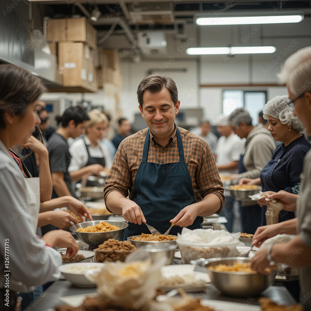 Volunteers cheerfully serving and plating food for those in need, feeling fulfilled in their act of kindness and giving Volunteers cheerfully serving and plating food for those in need, feeling fulfilled in their act of kindness and giving