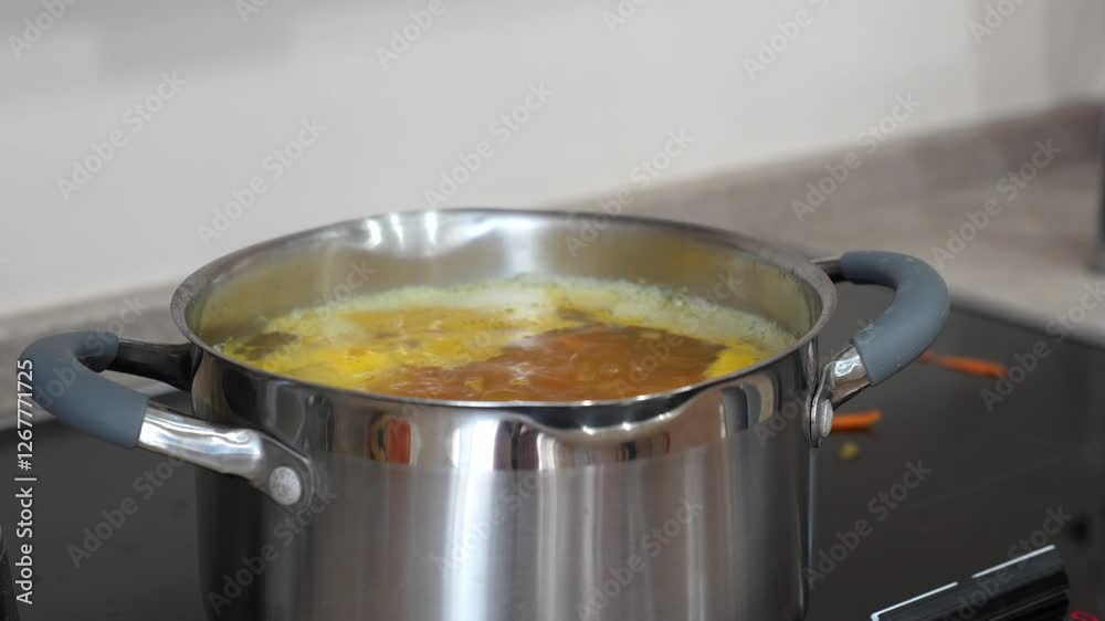 A boiling pot with soup on an induction stove in a modern kitchen