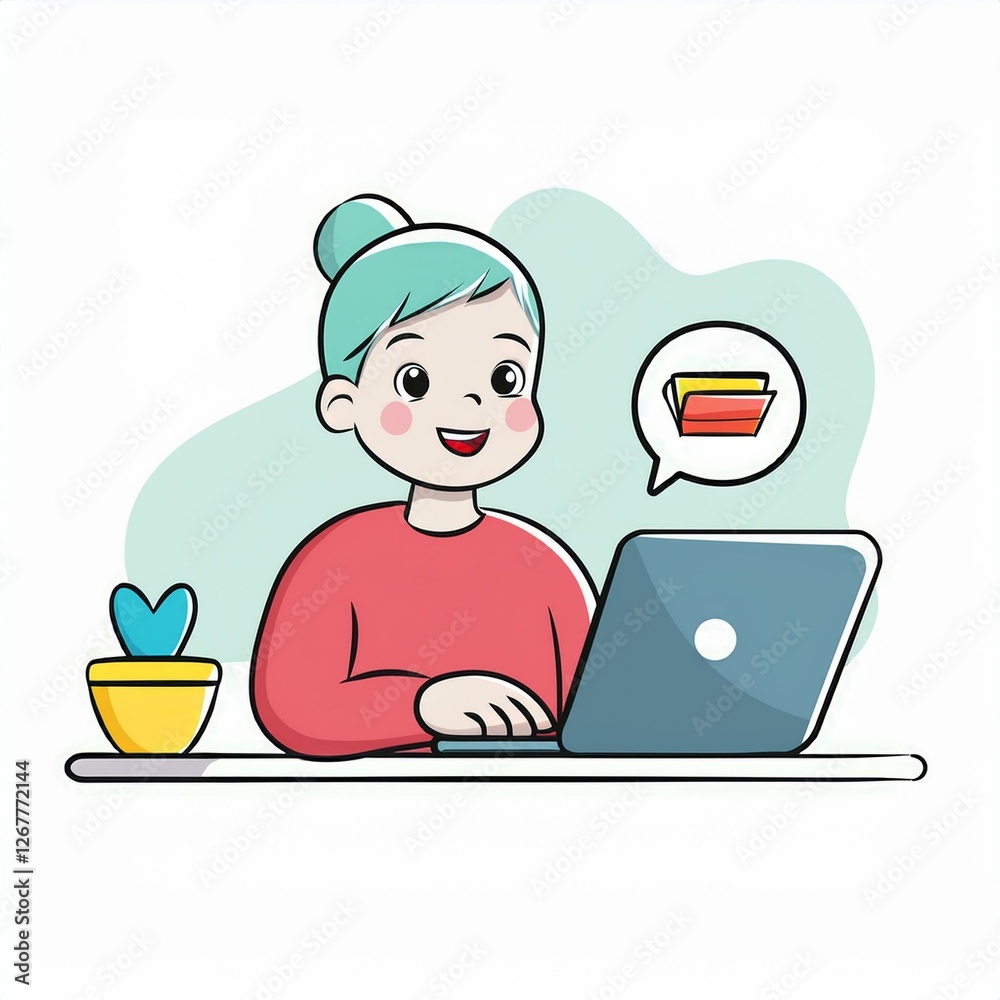 A cheerful character enjoys a virtual learning session in a cozy home office setting. A cheerful character enjoys a virtual learning session in a cozy home office setting.