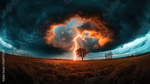 Dramatic lightning strike over field at sunset photo