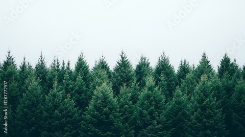 Evergreen trees form a dense forest line against a pale sky
