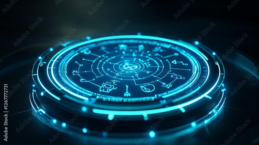 Cybernetic zodiac energy map displayed as a glowing floating hologram Cybernetic zodiac energy map displayed as a glowing floating hologram