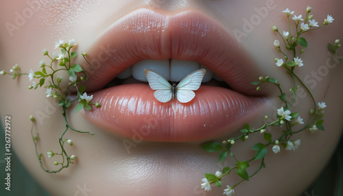 An extreme close-up of smooth, vibrant lips in a soft skin tone hue, symbolizing a world before pollution, adorned with delicate green vines and a tiny white butterfly.