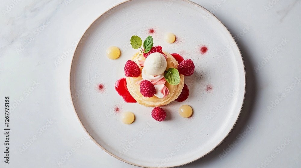 A contemporary food styling shot, where a raspberry almond Danish is plated with geometric precision, with minimalist garnishes and clean lines A contemporary food styling shot, where a raspberry almond Danish is plated with geometric precision, with minimalist garnishes and clean lines