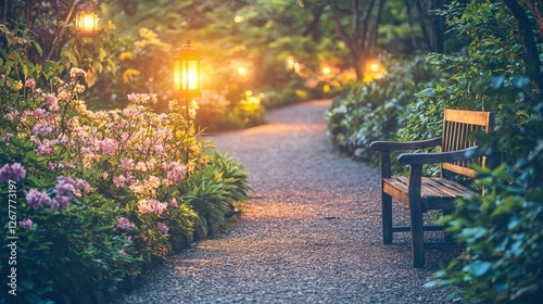 Enchanting Evening at the Urban Garden Pathway with Vibrant Flowers and Serene Park Benches