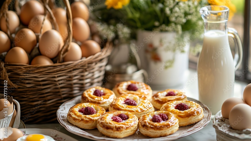 A country-inspired breakfast setup with a plate of golden-brown raspberry almond Danishes, fresh milk in a glass bottle, and a wicker basket of eggs A country-inspired breakfast setup with a plate of golden-brown raspberry almond Danishes, fresh milk in a glass bottle, and a wicker basket of eggs