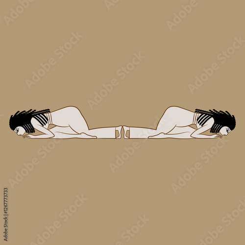 Symmetrical ethnic design with two prostrated ancient Egyptian women.