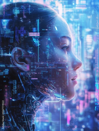 Fusion: Woman and Technology - A futuristic portrait of a woman merging with technology, creating a stunning visual representation of the convergence between humanity and artificial intelligence
