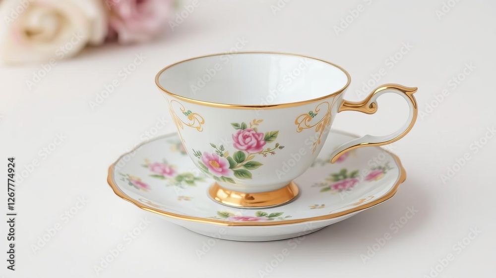 Delicate porcelain tea cup with intricate floral patterns, soft pastel colors, matching saucer, gold rim, matching saucer, tea cup, porcelain Delicate porcelain tea cup with intricate floral patterns, soft pastel colors, matching saucer, gold rim, matching saucer, tea cup, porcelain