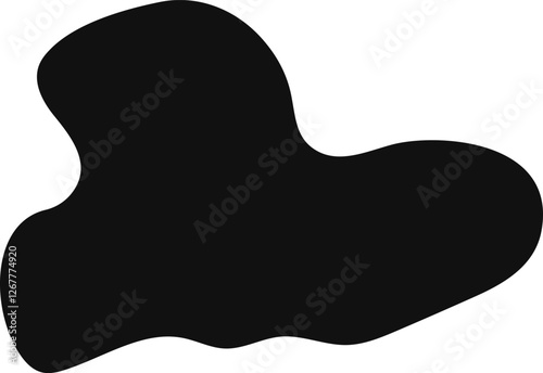 Irregular abstract black shape with smooth curves and rounded edges, resembling a puddle or liquid form, creating a sense of fluidity and motion against a clean white background