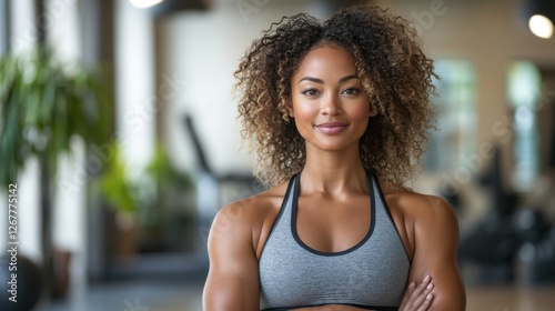 A smiling woman in a vibrant workout outfit stands confidently in a brightly lit gym, surrounded by modern fitness equipment