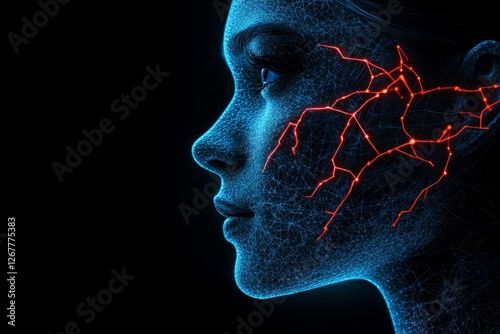 Futuristic Face Abstract Network AI - Symbolizing AI, technology, connection, data flow, and human interaction. A portrait of a face with glowing network lines