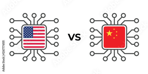 Artificial intelligence AI competition between the United States and China. Featuring AI chips with USA and China logos