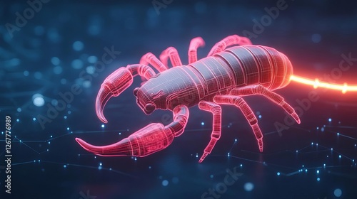 Glowing holographic Scorpio with an electrified neon tail, floating in a cybernetic galaxy