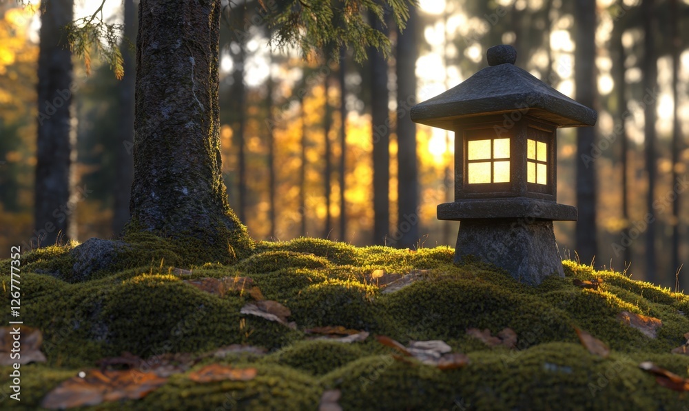 Tranquil forest scene featuring a glowing lantern on mossy ground amidst autumn foliage Tranquil forest scene featuring a glowing lantern on mossy ground amidst autumn foliage