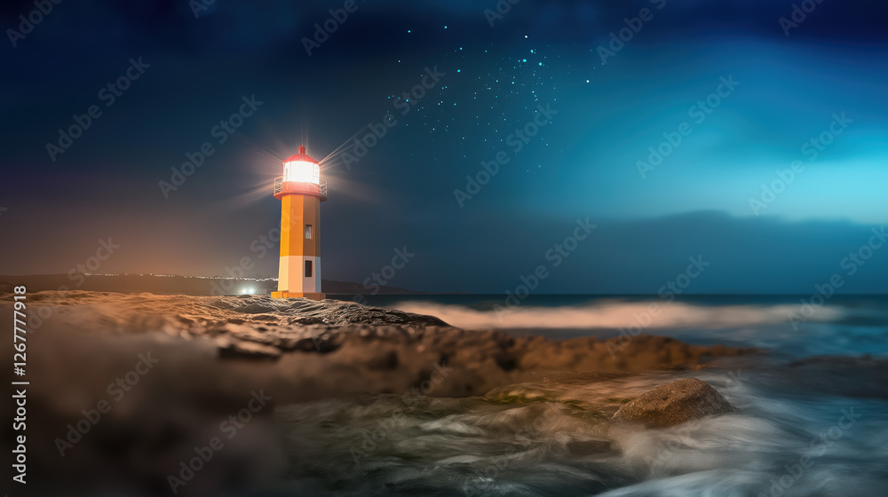 A lighthouse stands resilient against the crashing waves, illuminated brightly under a starlit sky, embodying guidance and leadership. Its presence inspires creativity and determination A lighthouse stands resilient against the crashing waves, illuminated brightly under a starlit sky, embodying guidance and leadership. Its presence inspires creativity and determination